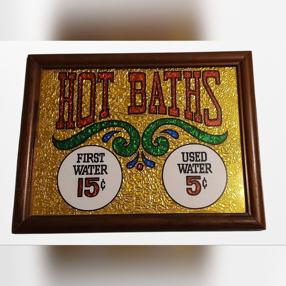 Vintage Hot Baths Sign with Wooden Frame.
